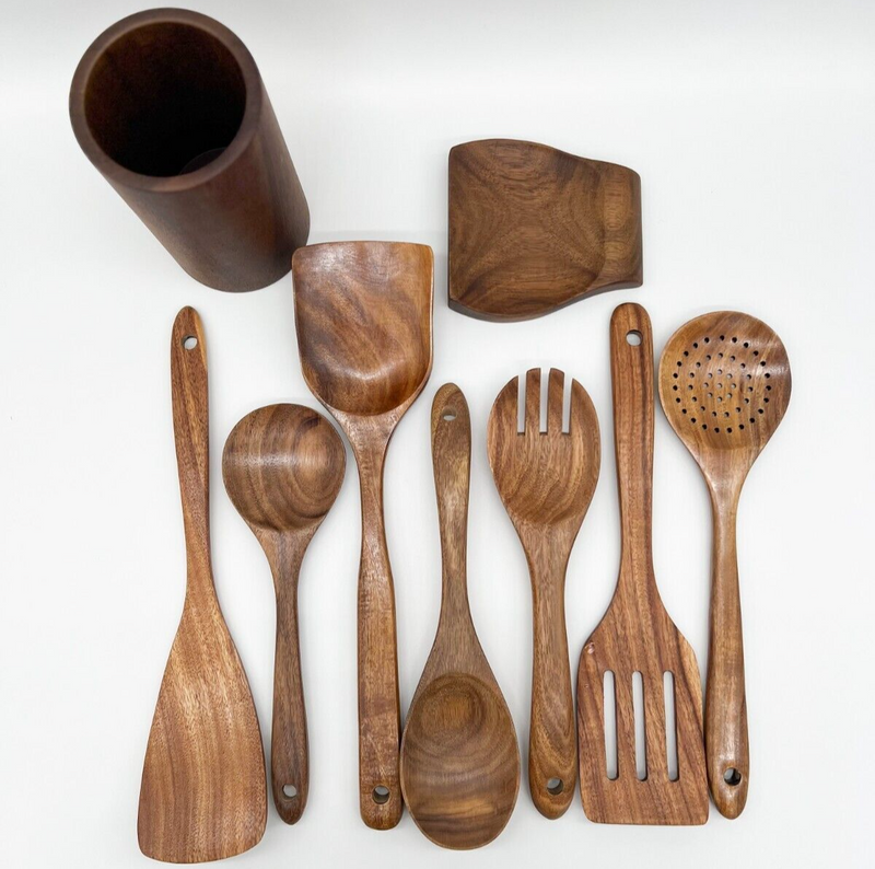 9PCS Wooden Spoons For Cooking, Wooden Utensils For Cooking With Utensils  Holder, Teak Wooden Kitchen Utensils Set