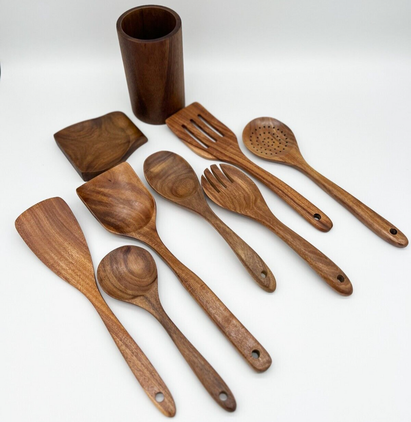 9PCS Wooden Spoons For Cooking, Wooden Utensils For Cooking With Utensils  Holder, Teak Wooden Kitchen Utensils